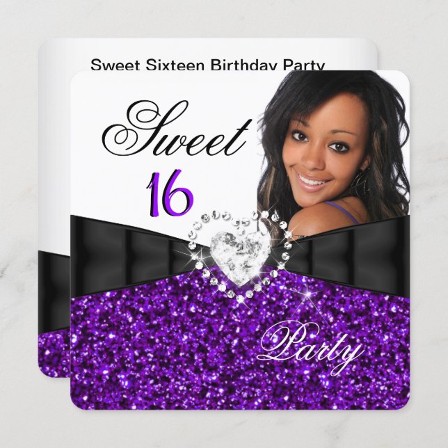 Photo Purple Glitter Sweet 16 16th Birthday Party Invitation (Front/Back)