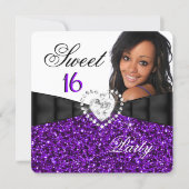Photo Purple Glitter Sweet 16 16th Birthday Party Invitation (Front)