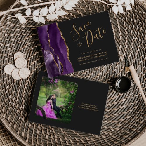 Photo Purple Gold Agate Dark Wedding Save the Date