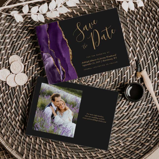 Photo Purple Gold Agate Dark Wedding Save the Date Invitation (Creator Uploaded)