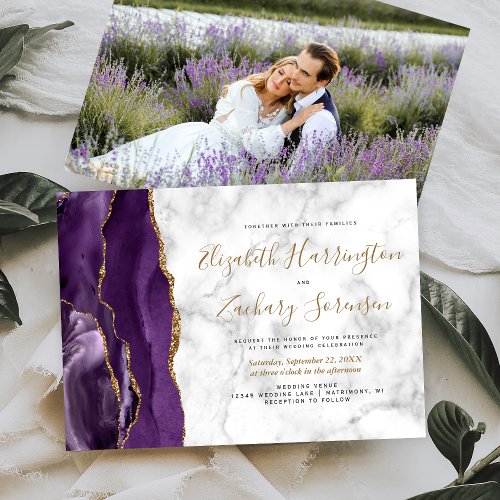 Photo Purple Gold Agate Marble Wedding Invitation