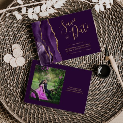 Photo Purple Gold Agate Plum Wedding Save the Date