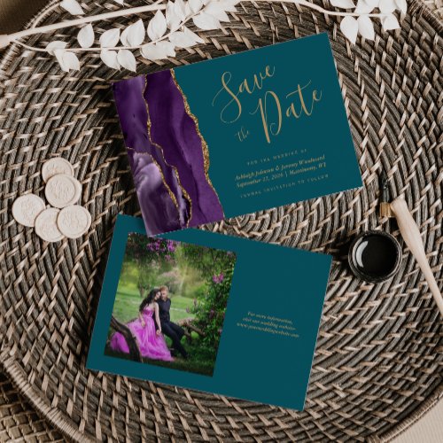 Photo Purple Gold Agate Teal Wedding Save the Date