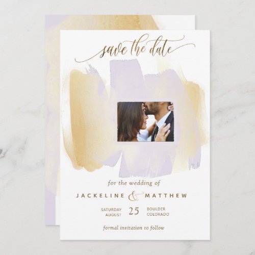 Photo Purple Gold Brush Strokes Minimal Wedding Save The Date