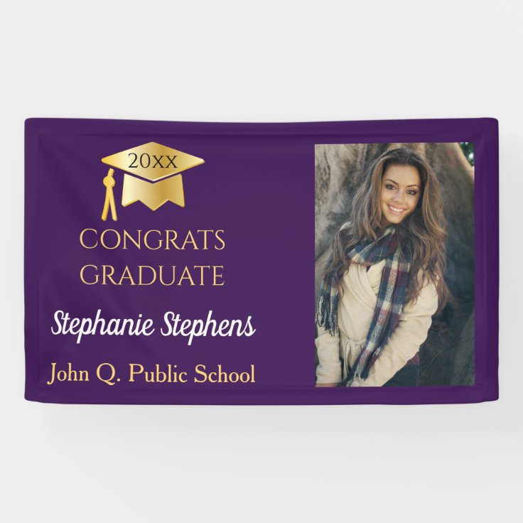 Photo Purple Gold Congrats Graduate Name | School Banner | Zazzle