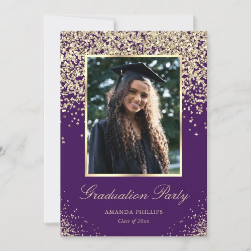 Photo Purple Gold Elegant Graduation Party Invitation
