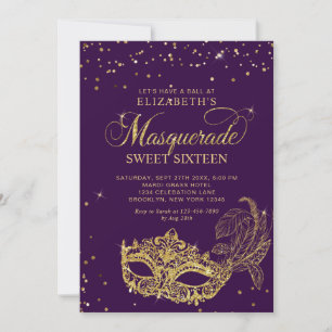 Photo Purple Gold Glitter Masquerade Sweet 16 Invitation
