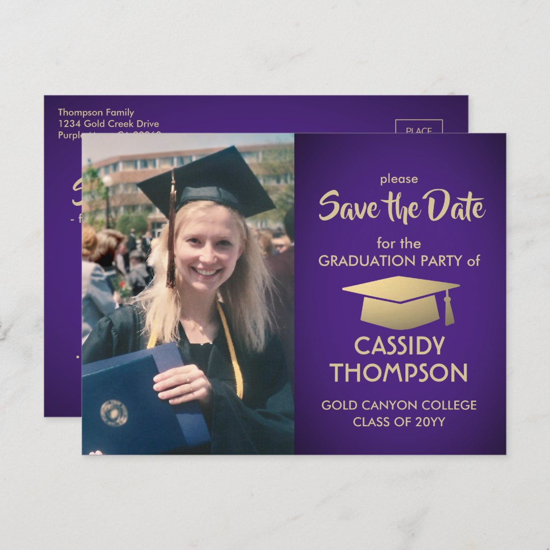 Photo Purple Gold Modern Graduation Save the Date Postcard | Zazzle