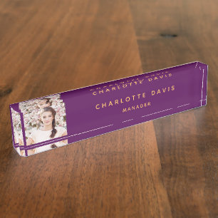 Photo purple gold monogram minimalist desk name plate
