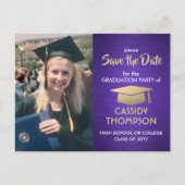 Photo Purple Gold White Graduation Save the Date Postcard (Front)