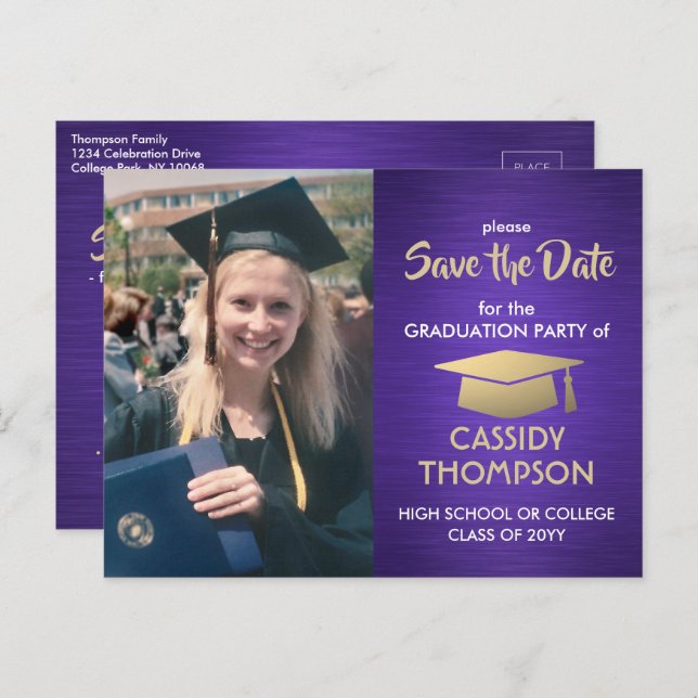 Photo Purple Gold White Graduation Save the Date Postcard (Front/Back)