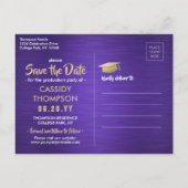 Photo Purple Gold White Graduation Save the Date Postcard (Back)