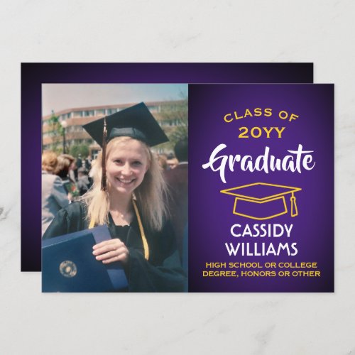 Photo Purple Gold Yellow White Modern Graduation Invitation