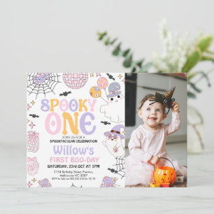 Photo Purple Halloween Spooky One 1st Birthday Invitation