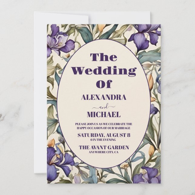 Photo Purple Iris Art Nouveau Wedding Invitation (Front)