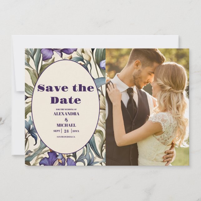 Photo Purple Iris Art Nouveau Wedding Save The Date (Front)
