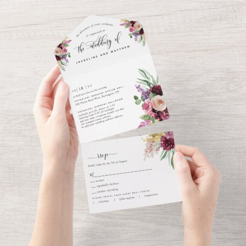 Photo Purple Mauve Floral Wedding Tear Off RSVP All In One Invitation