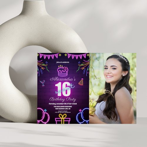  Photo Purple Neon 16th Birthday  Invitation