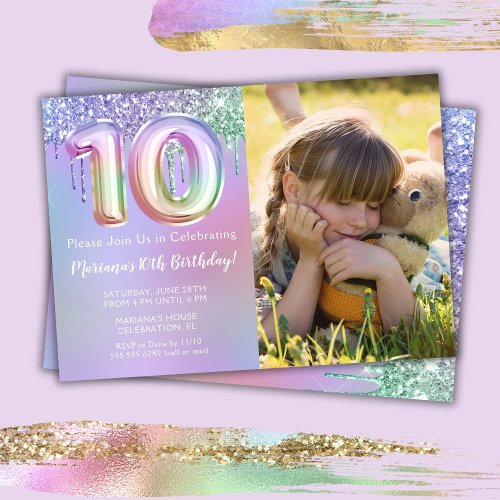 Photo Purple Pink Glitter 10th Birthday Party Invitation