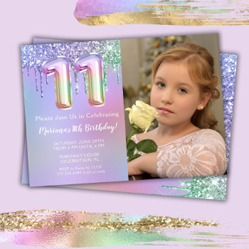 Photo Purple Pink Glitter 11th Birthday Party Invitation by WittyPrintables at Zazzle