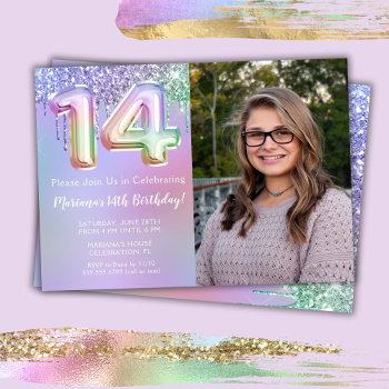 Photo Purple Pink Glitter 14th Birthday Party Invitation by WittyPrintables at Zazzle