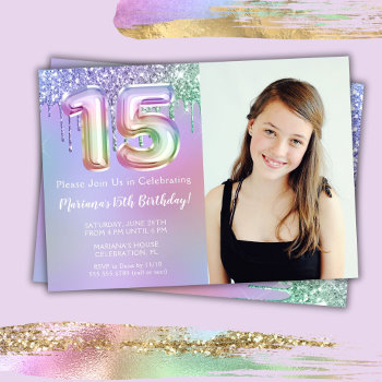 Photo Purple Pink Glitter 15th Birthday Party Invitation by WittyPrintables at Zazzle