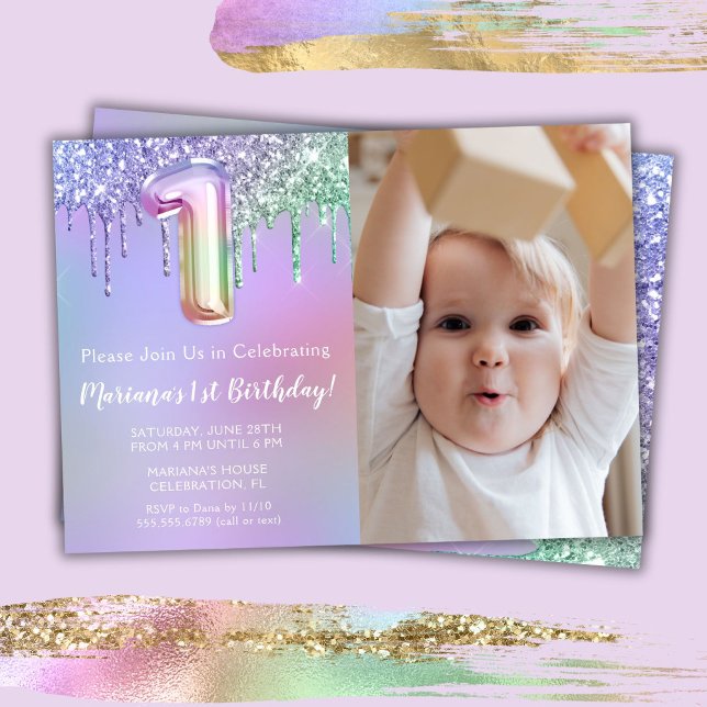 Photo Purple Pink Glitter 1st Birthday Party Invitation (Creator Uploaded)