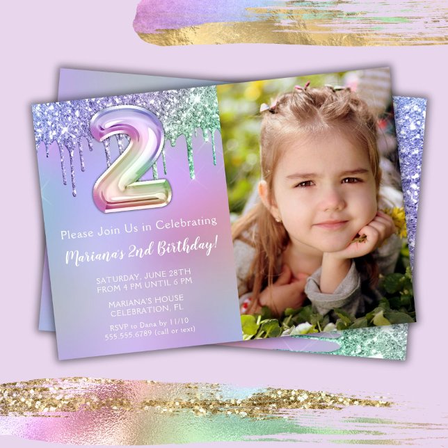 Photo Purple Pink Glitter 2nd Birthday Party  Invitation (Creator Uploaded)