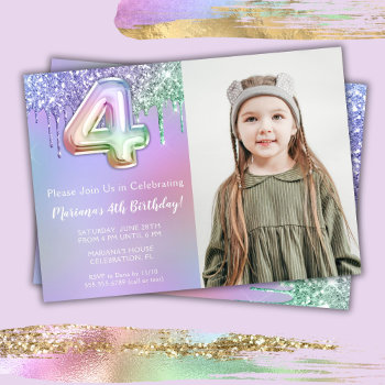 Photo Purple Pink Glitter 4th Birthday Party Invitation by WittyPrintables at Zazzle