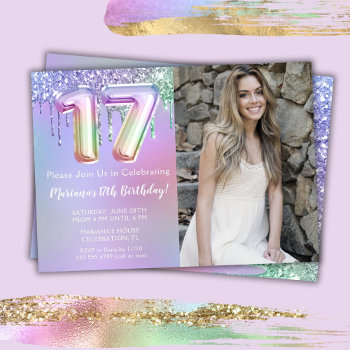 Photo Purple Pink Glitter Drips 17th Birthday Invitation by WittyPrintables at Zazzle