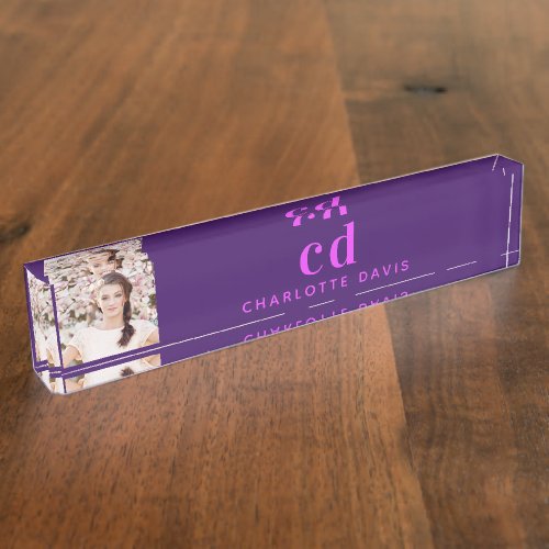 Photo purple pink monogram initials elegant desk name plate