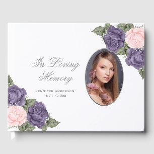 Photo Purple Pink Silver Floral Memorial Funeral Guest Book