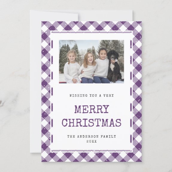Photo Purple Plaid Snow Merry Christmas Card