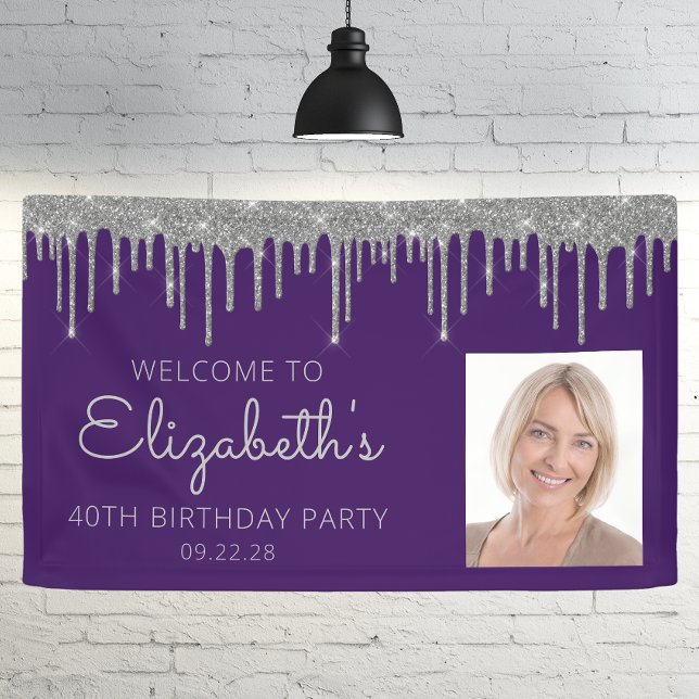 Photo Purple Silver Glitter Drip 40th Birthday Banner (Creator Uploaded)