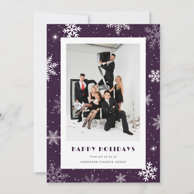 Photo Purple Snowflake Modern Corporate Business Holiday Card (Front)