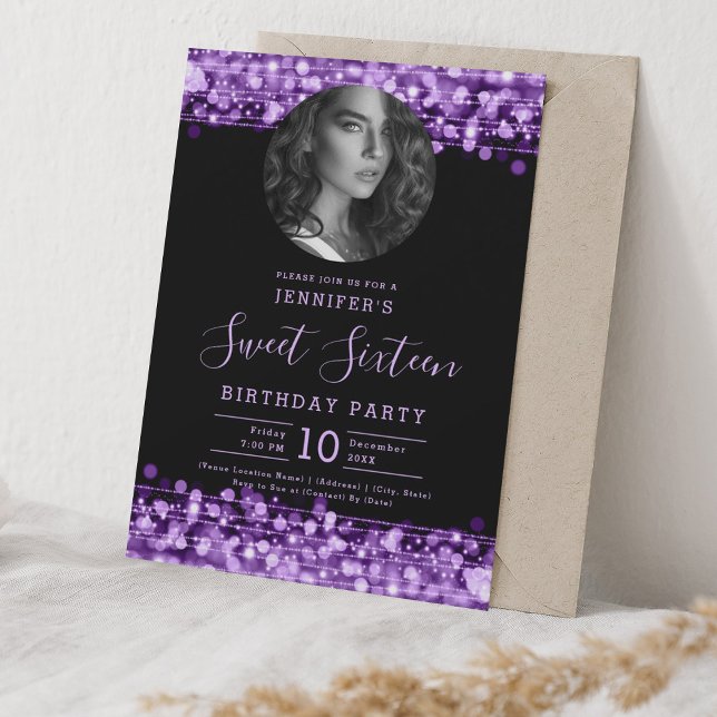 PHOTO Purple Sparkles Sweet 16 Birthday Party Invitation (PHOTO Purple Sparkles Sweet 16 Birthday Party Invitation)