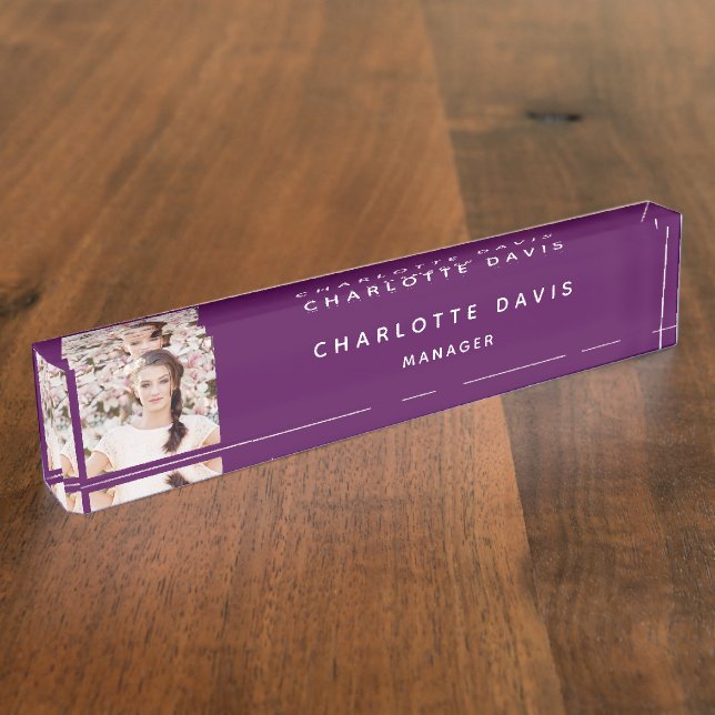 Photo purple white monogram minimalist desk name plate (Side)