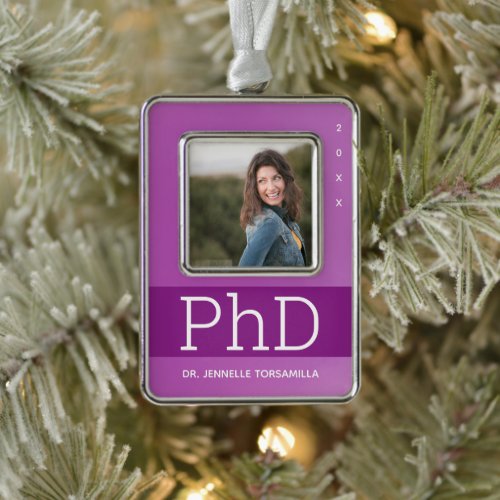 Photo Purple White Name PhD Graduation  Christmas Ornament