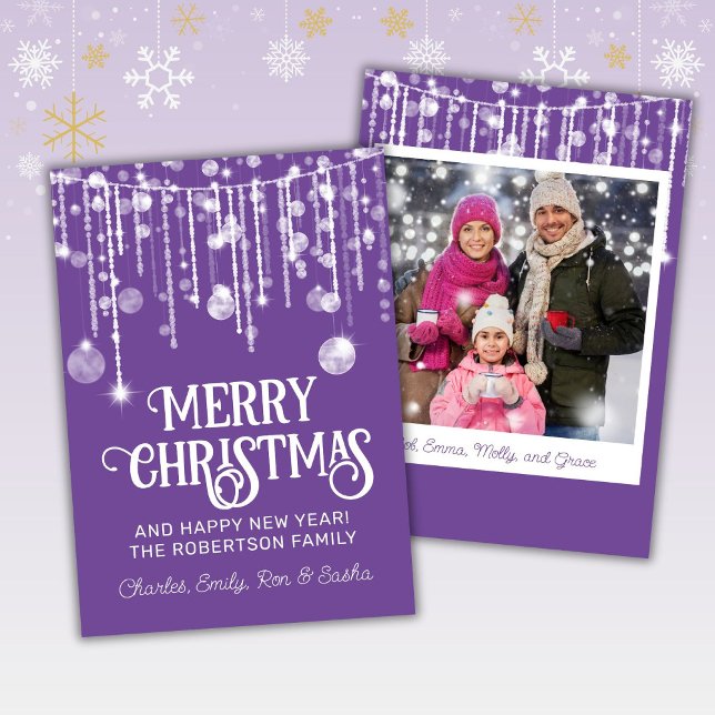 Photo Purple White String Lights Christmas Card (Creator Uploaded)