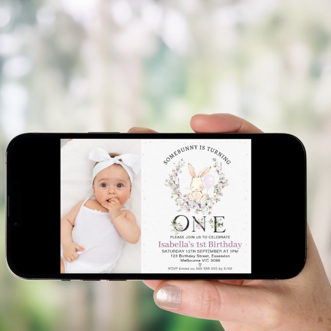 Photo Purple Wildflower Some Bunny 1st Birthday Invitation (Front Digital)