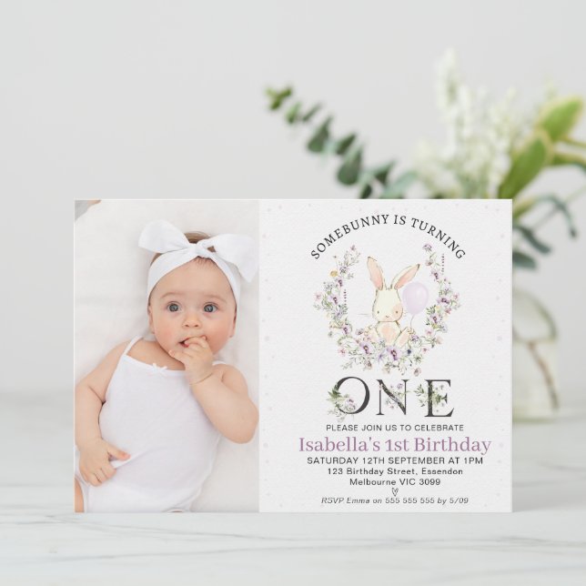 Photo Purple Wildflower Some Bunny 1st Birthday Invitation (Standing Front)