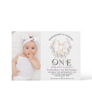 Photo Purple Wildflower Some Bunny 1st Birthday Invitation