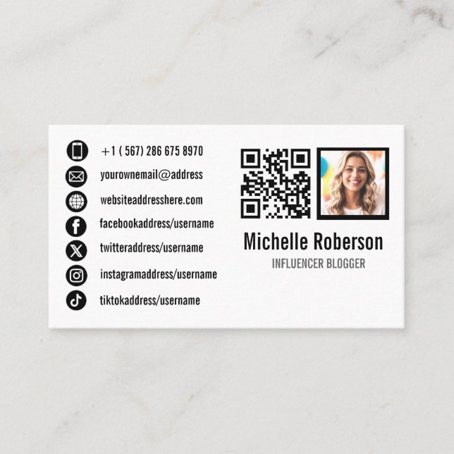 photo qr code and social media icons business card (Front)