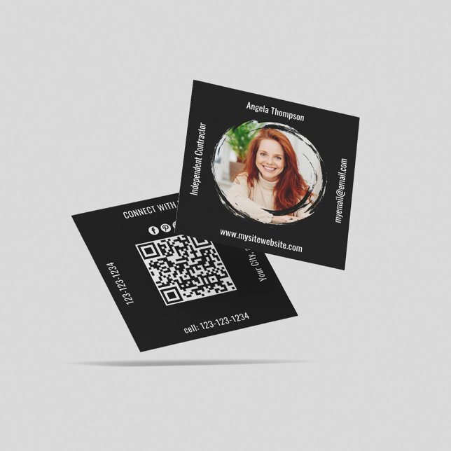 Photo QR Code Black Connect with Me Business Square Business Card (Black and white business card square template.)
