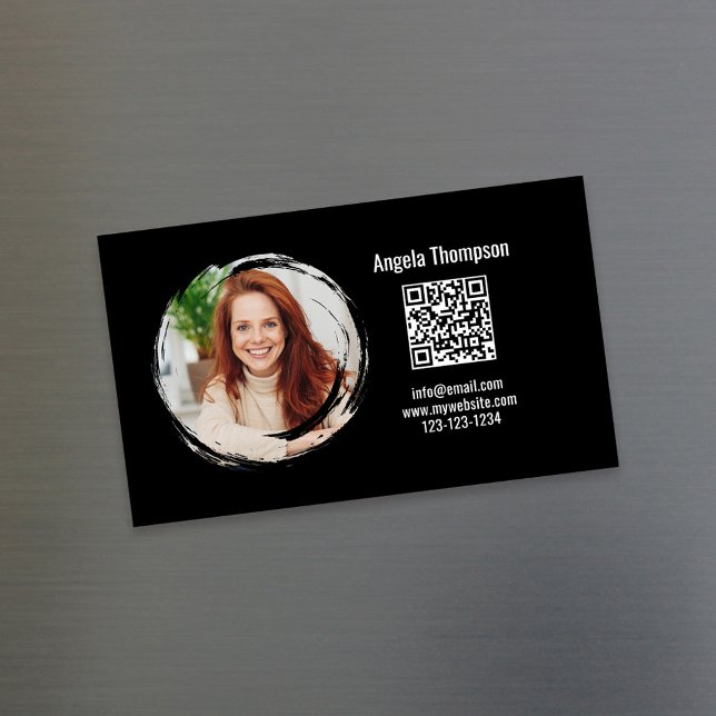Photo QR Code Black Magnetic  Business Card Magnet (Magnetic business card with simple photo and QR code template)