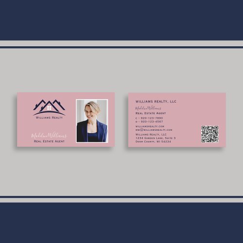 Photo QR Code Blush Pink Real Estate Agent  Busine Business Card