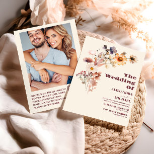 Photo QR Code Boho Autumn Wildflower Wedding Invitation