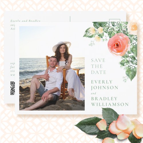 Photo QR Code Budget Floral Save the Date Postcard