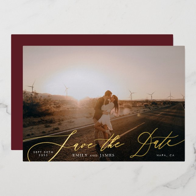 Photo QR Code Burgundy & Gold Fall Calligraphy Foil Invitation (Front/Back)