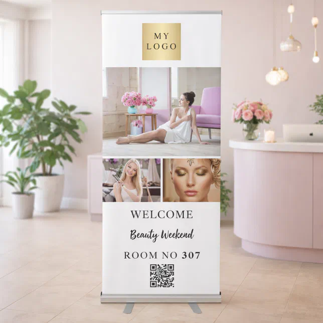 Photo QR code business logo seminar room number Retractable Banner | Zazzle